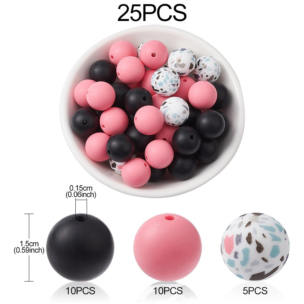 15 MM Silicone Beads - Pink/Black