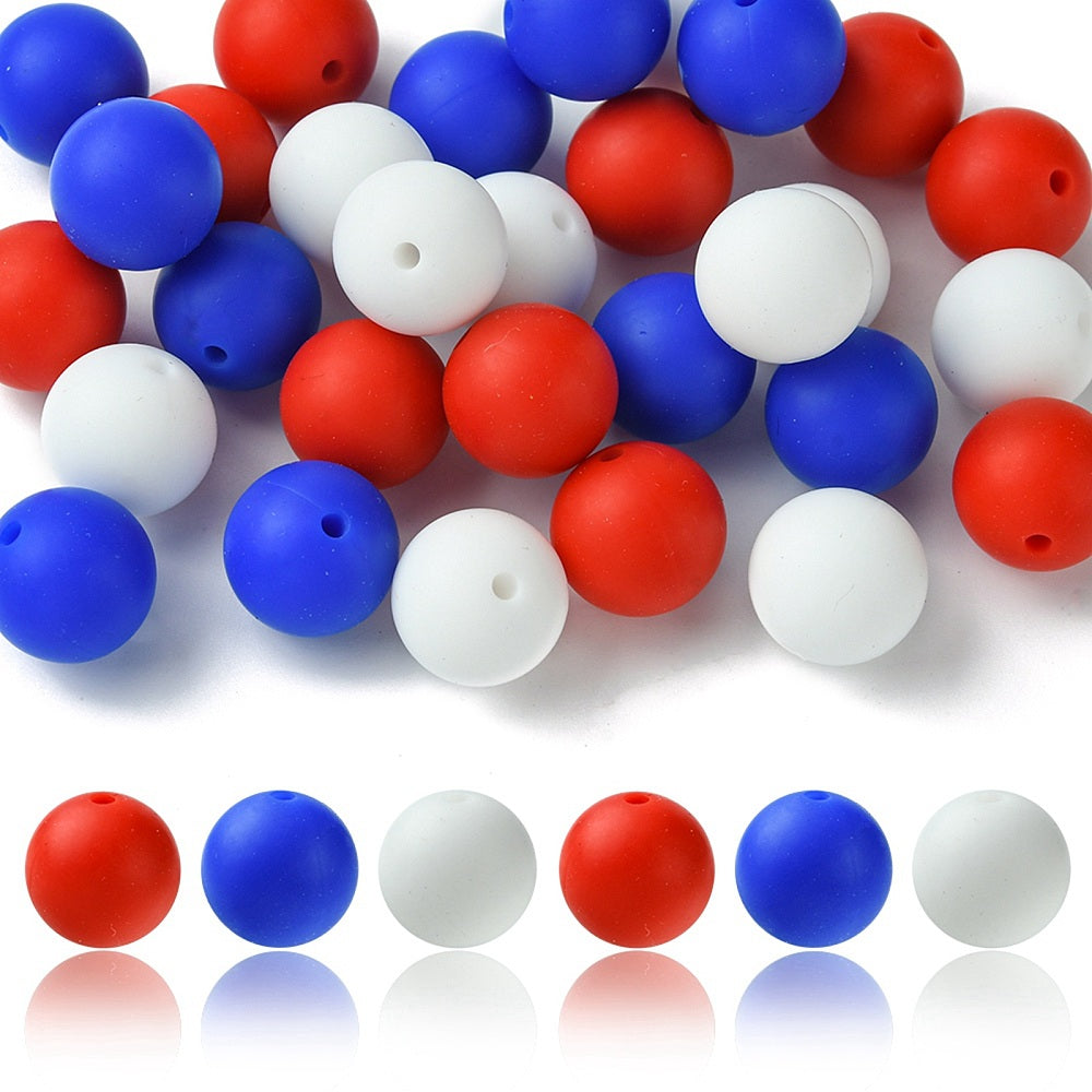 15 MM Silicone Beads - Red, White, Blue